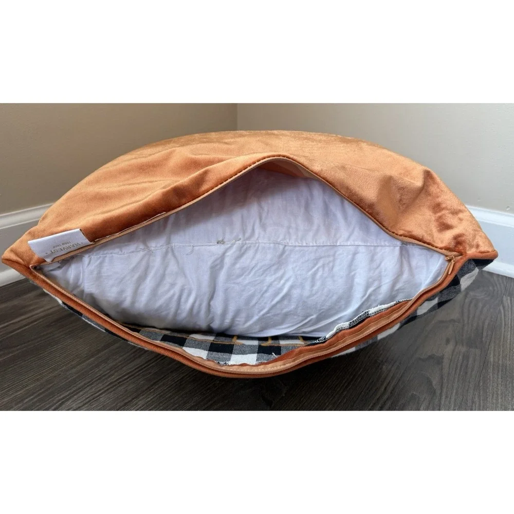 HFS Home Pumpkin Fall Harvest Plaid Down Feather Pillow Orange Velvet 20x20‎